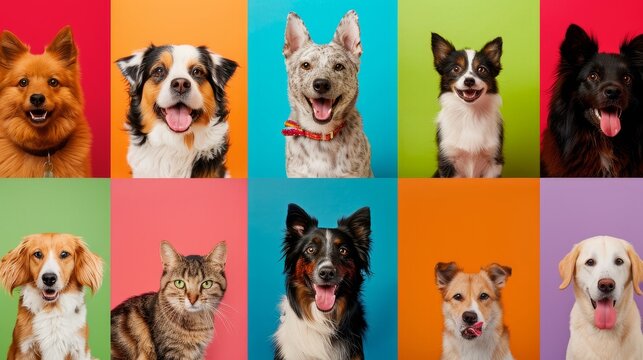 This collage is made up of multiple headshot photos of dogs and cats on a multicolored background.