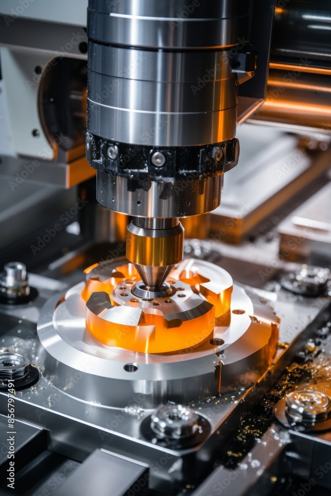 Poster cnc machine crafting intricate composite object, showcasing material s robustness and flexibility