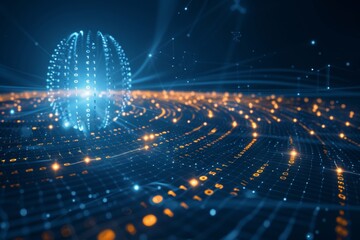 Futuristic neon binary code grid against swirling abstract shapes for a digital concept