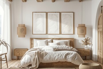 The boho bedroom features neutral beige wall art with 3 posters. The room has white walls, the bed is white, and the pillows and bedding are also white.