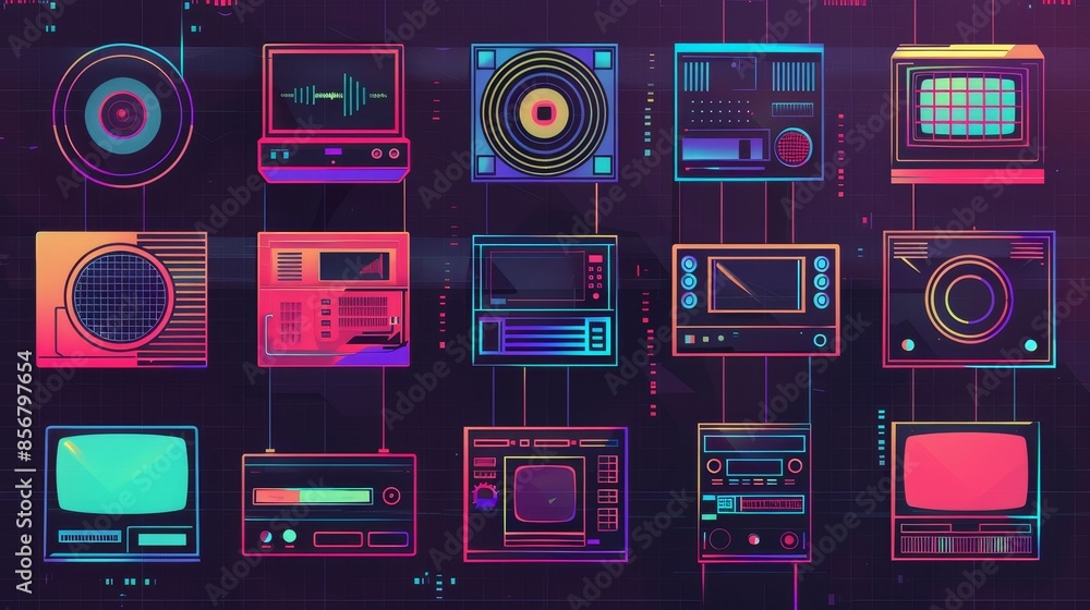 Fototapete Retro 80s 90s aesthetic backgrounds created with an old computer user interface. Set of square poster templates in the vaporwave Y2K style.