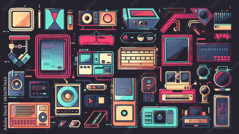 Poster an awesome retro cartoon banner set in 90s memphis style icon set for user interfaces, browsers, com