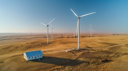 Expanding wind power capacity with new turbines being added to an existing farm located in a rural countryside landscape  The wind turbines stand tall against the blue sky