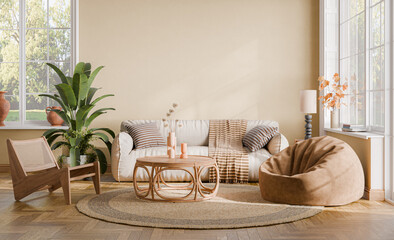 Contemporary interior design of the living room in soft neutral tones. Interior mockup, 3d render	