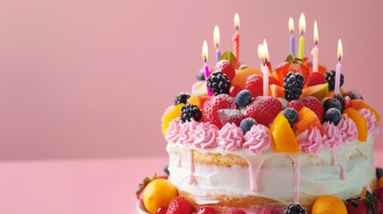 beautifully decorated cake with vibrant fruit. birth day cake.