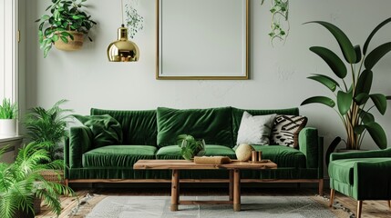 The Scandinavian living room is a modern-looking space with a green velvet sofa, gold pouf, wooden furniture, cacti, carpet, cube, copy space and mock-up poster frames.