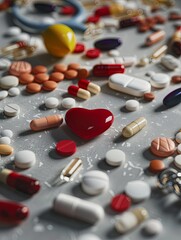 A close-up view of various heart medications, including pills, capsules, and a heart rate monitor, arranged on a clean surface. Generative AI