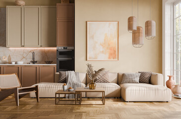 Contemporary interior design of the living room in soft neutral tones. Interior mockup, 3d render	