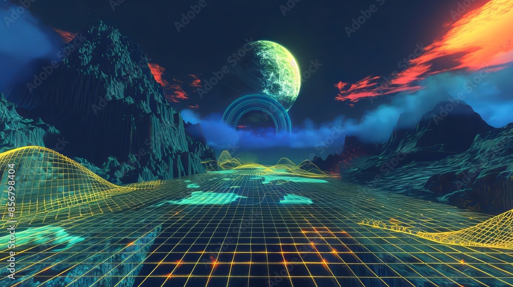 Aufkleber with a grid pattern on a black background and an alien world sticker in neon blue, this template is 