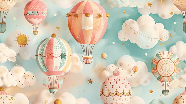 Sweet nursery art watercolor painting abstract wall art for kids, children feature cute little balloons on the sky background, wallpaper