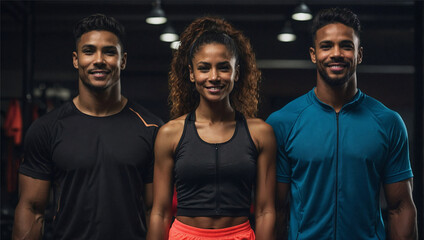 Three fit and smiling athletes stand side by side in a gym, exuding confidence and camaraderie. The central figure, a woman with curly hair, is flanked by two men, all wearing athletic clothing.
