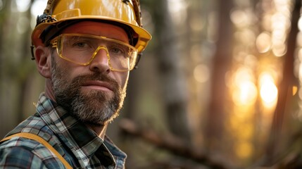 Fototapeta premium An outdoor setting with natural lighting and a bearded construction worker wearing a hard hat and safety glasses. Construction and labor concept for a poster or print.
