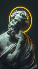 Contemplative Marble Statue with Illuminated Halo in Classical Art Style