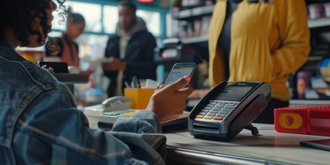 Obraz premium Person using smartphone for contactless payment at a cashier in a store. Busy retail environment