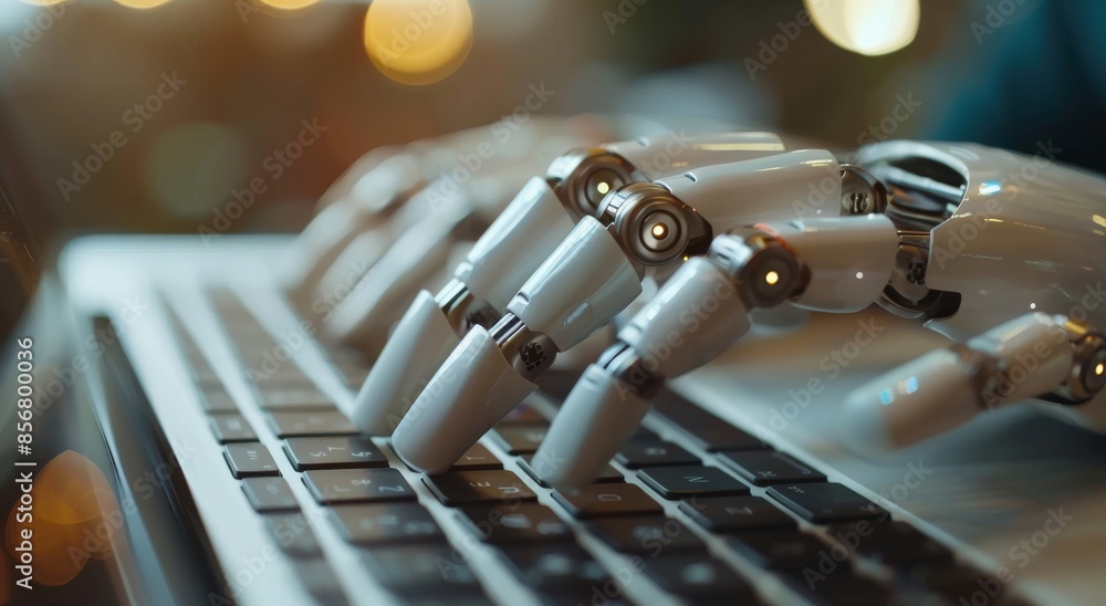 Poster close-up of robotic hands typing on a keyboard, illustrating futuristic technology and artificial in