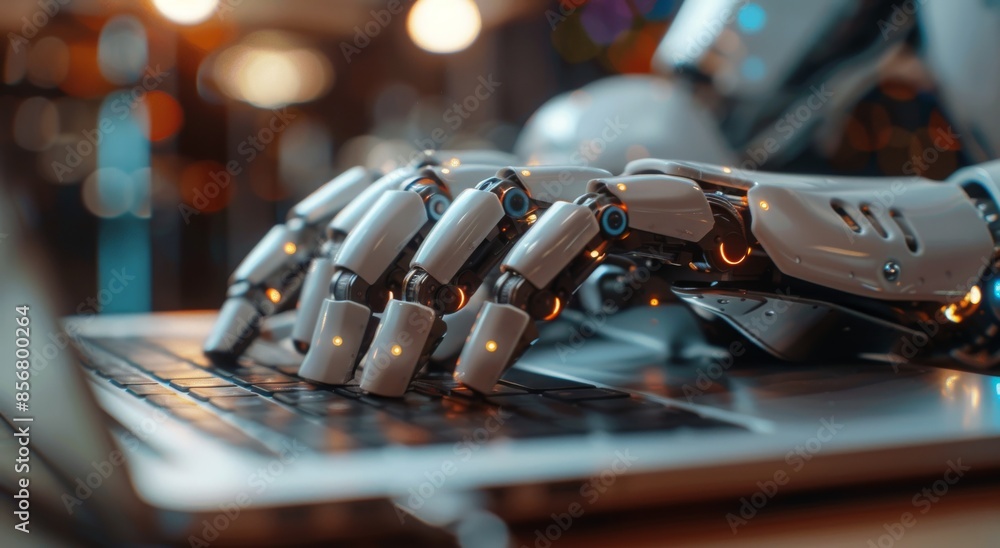 Aufkleber close-up of a robot typing on a laptop with ambient lighting background
