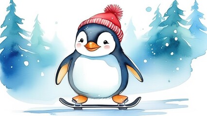 Funny Penguin in a red hat on a skateboard. Watercolor chubby and adorable penguin rides a pinneyboard. Funny card with a penguin for Christmas or New Year