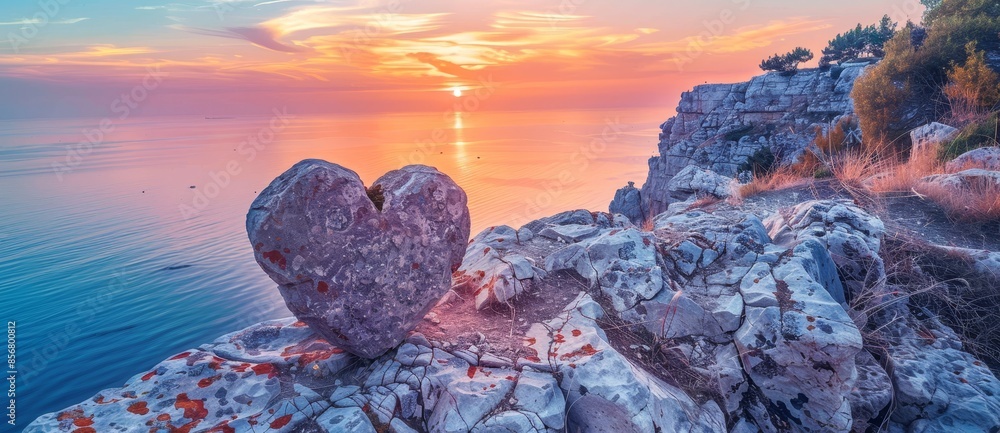 Wall mural Sun setting over a heart-shaped rock on a sea cliff - Wall murals