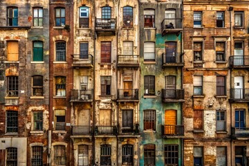 A rundown, abandoned apartment building with broken windows and boarded up doors.