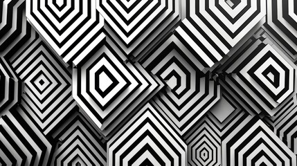 A mesmerizing abstract pattern of interlocking black and white hexagons, creating a visually captivating and hypnotic effect