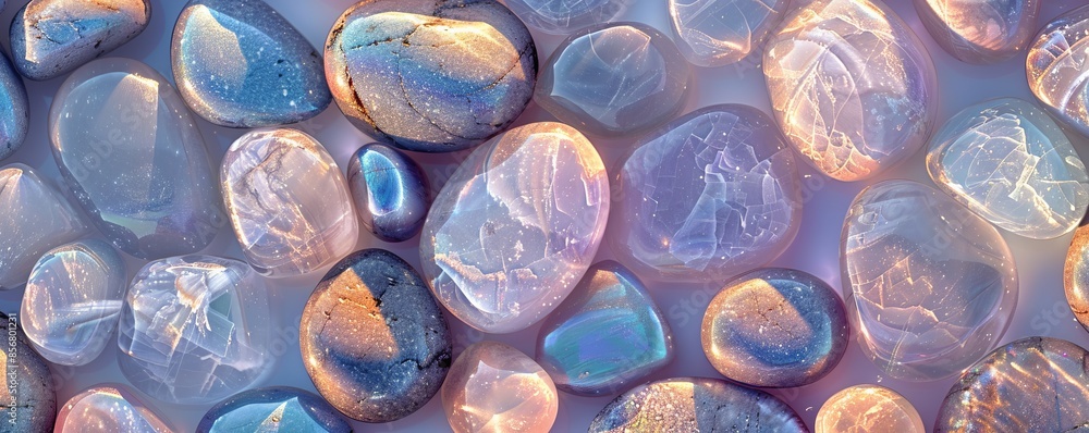 Poster Variety of colorful polished stones reflecting light and creating a mesmerizing pattern