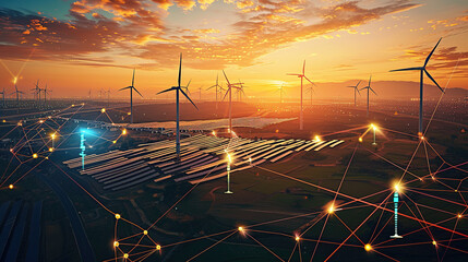 wind turbines and solar panels connected by glowing data lines, against the backdrop of an orange sunset sky