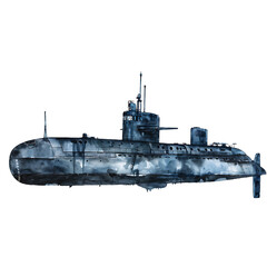 Fototapeta premium Submarine Old Military Vehicles and Equipment, on transparent background. 