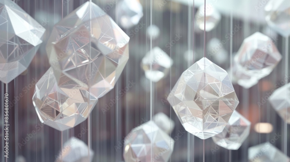Poster delicate and intricate geometric shapes hanging in a mesmerizing mobile display.