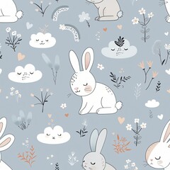 Obraz premium Sweet nursery art watercolor painting wall art for kids, children feature cute bunny rabbit pattern blue pastel background, wallpaper