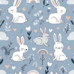Fototapeta premium Sweet nursery art watercolor painting wall art for kids, children feature cute bunny rabbit pattern blue pastel background, wallpaper