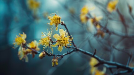 Yellow flowered Hamamelis virginiana blossoming in the beginning of spring