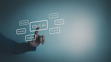 AI technology, Artificial Intelligence, Chatbot Chat and talk with AI, Using laptop for search and find data by command prompt, robot learning machine create or generate picture or article auto