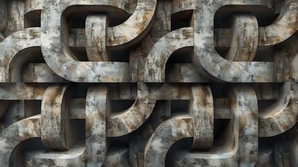 An abstract image of a concrete wall with geometric shapes that create a complex pattern of interlocking forms