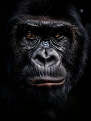 Obraz premium A powerful close-up image of a gorillas face, showing its dark fur, intense eyes, and serious expression against a black background