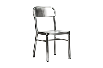 A Polished Metal Chair Reflecting Light in a Studio Setting on a Clear PNG or White Background.