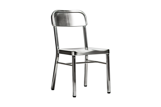A Polished Metal Chair Reflecting Light in a Studio Setting on a Clear PNG or White Background.