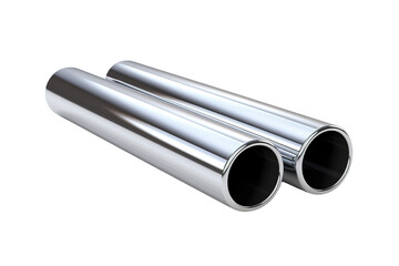 A Pair of Shiny Chrome Exhaust Pipes Isolated on a White Background on a Clear PNG or White Background.
