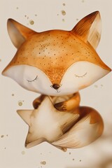 Naklejka premium Sweet nursery art watercolor painting abstract wall art for kids, children feature cute little baby fox background, wallpaper