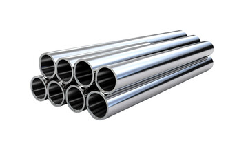 A Stack of Shiny Steel Tubes Reflecting Light in a Warehouse on a Clear PNG or White Background.