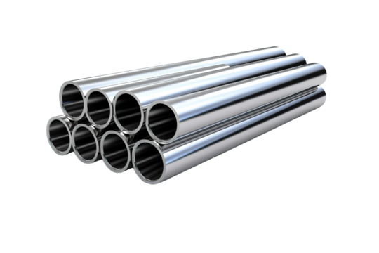 A Stack of Shiny Steel Tubes Reflecting Light in a Warehouse on a Clear PNG or White Background.