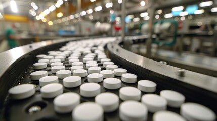 tablet production line at a pharmaceutical factory, finished drugs on a conveyor line at a pharmaceutical factory
