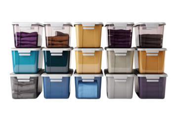 A Colorful Symphony of Stacked Storage Bins With Fabric Contents on a Clear PNG or White Background.