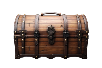 A Weathered Wooden Chest With Ornate Metalwork Awaits Discovery on a Clear PNG or White Background.