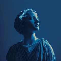 Obraz premium Classical Marble Sculpture with Neon Light Accents in Blue Tones for Modern Art and Design