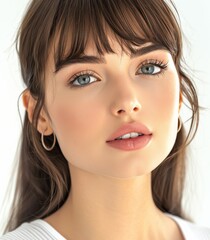 Fototapeta premium Woman With Brown Hair and Bangs Posing With a Soft Look