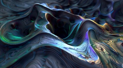 Obraz premium A close-up of an abstract, digitally generated image featuring iridescent, swirling waves in shades of blue, green, and purple