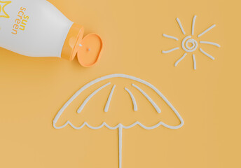 Sunscreen Bottle with Drawn Sun and Umbrella on Yellow Background