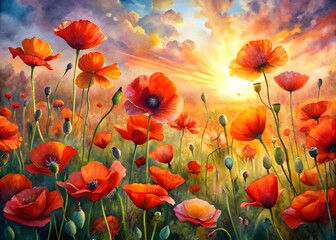 Fototapeta premium Vibrant Red Poppies In A Field At Sunset, Painted In A Loose Painterly Style