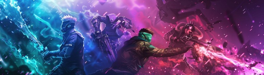 Fototapeta premium Vibrant digital art featuring three armored warriors in dynamic poses with futuristic and mystical elements in neon colors.