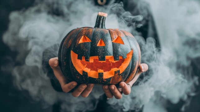 Creepy vampire in thick fog with wickedly carved pumpkin for spooky contrast and eerie atmosphere